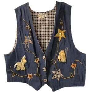 VTG Dorie 1997 Handmade Denim Inspired Noah's Ark Angel Vest With Buttons